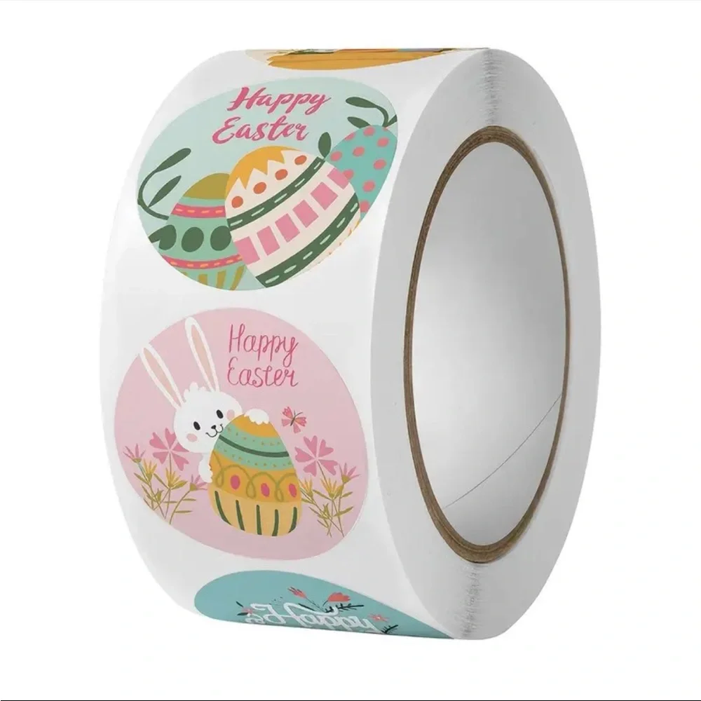 Roll of 500 Happy Easter Round Stickers Bunny Rabbit Eggs